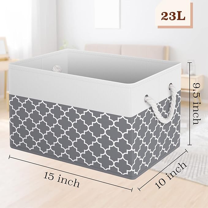 Storage Bin,Collapsible Storage Basket For Organizing,Large Storage Boxes With Rope Handles,Storage Containers,Clover Grey,4 Pack