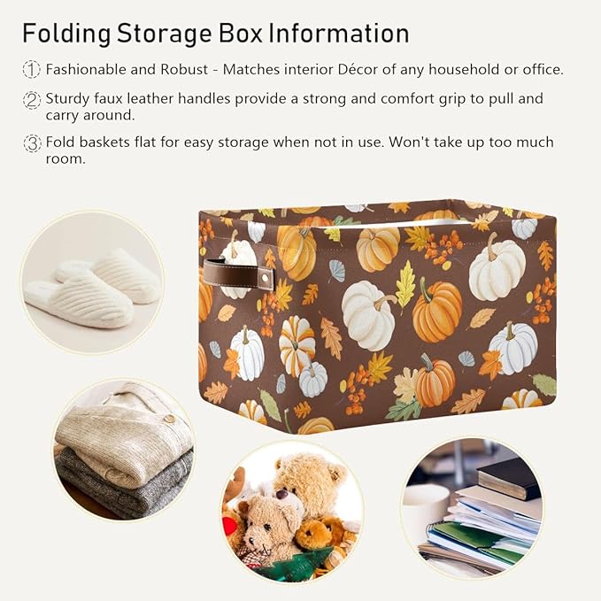 Pumpkin Maple Leaf Pattern Storage Basket,Large Storage Bin Fabric Collapsible Organizer Bag with Handles 15x11x9.5 inch