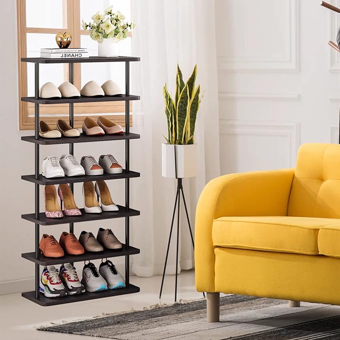 SORCEDAS 7 Tiers Vertical Shoe Rack Wooden Shoe Storage Organizer for Space Saving Narrow Shoe Shelf Storage 14 Pairs for Entryway Living Room Bedroom(Black + Rustic Dark Brown)