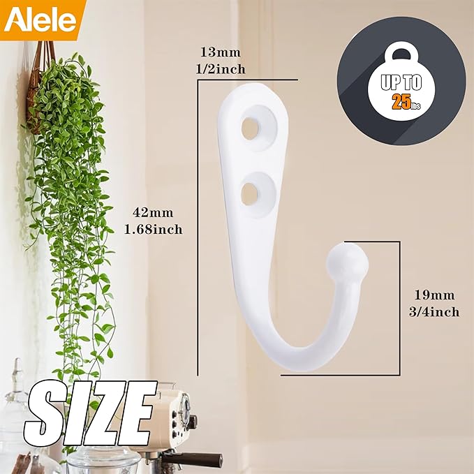 Alele 12Pcs Wall Mounted Coat Hooks,Single Prong Robe Hook for Hanging,White-Painted (White Single Rebo Hook 12p)