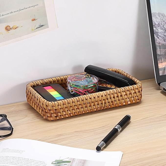 BTSKY Small Remote Basket for Coffee Table Entryway Living Room Rattan Serving Tray 8.3” x 4.7” Handwoven Wicker Baskets Decorative Tray for Wallet Remote Control Trinkets Rings Cosmetics Crackers