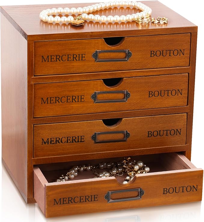 Wesiti 4 Drawer Vintage Wooden Desk Organizer, Apothecary Cabinet Storage Drawers, Rustic Shelf Drawer, Home Office Organizers and Accessories, Embroidery Floss, Craft, Art, Jewelry Storage, Stackable