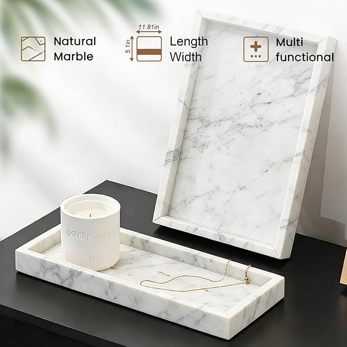 Natural Marble Tray, Stone Tray for Bedroom/Bathroom/Kitchen/Vanity Countertop, Jewelry Tray for Rings Earrings Necklace Bracelet Watch, Room Decor Aesthetic