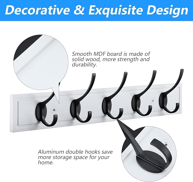 HOME MASTER HARDWARE Coat Rack Wall Mount White,MDF Wall Mounted Coat Hooks for Hanging Coats, 27" Hat Rack for Wall with 5 Black Hooks