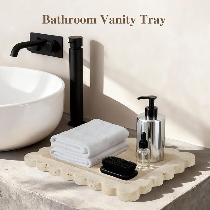 Luxury Beige Travertine Tray with Scalloped Edge, 11"x8" Rectangle Vanity Tray for Bathroom & Kitchen Counter, Decorative Organizer Tray for Dresser, Coffee Table, Home DÃ©cor