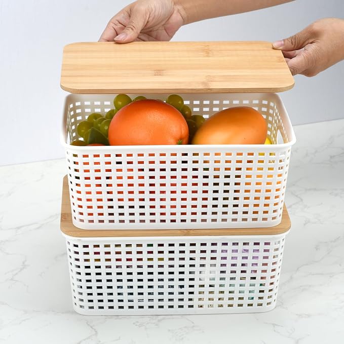 Stackable Storage Bins with Bamboo Lids, 6-Pack, BPA-Free Plastic, 5.1 Qt Capacity, Side Handle, 10x7.2x4.13 Inch, for Home Organization