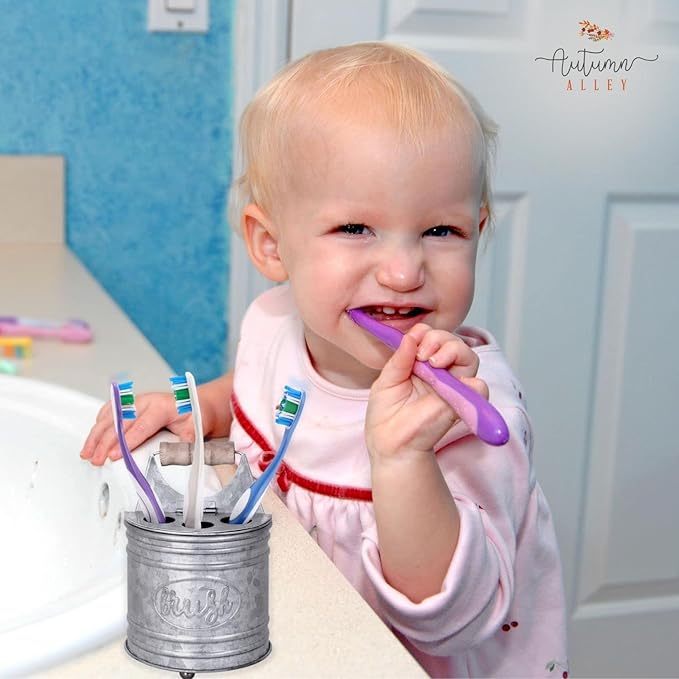 Autumn Alley Farmhouse Toothbrush Holders for Bathrooms - Rustic Galvanized Tooth Brush Holder - Farmhouse Bathroom Accessories Country Decor, Toothpaste & Electric Kids Toothbrush Compartment, Grey