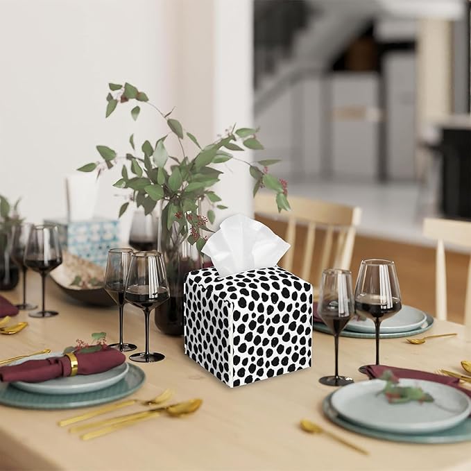 Abstract Black Dots Tissue Box Cover Square,Tissue Box Holder with Belt Bottom,Stylish Leather Napkin Holder for Vanity Countertop,Nightstands,Office Desk,5.2"Ã5.2"Ã5.2"