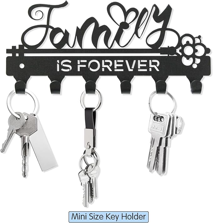 ”Family is Forever”Mini Key Holder Wall Mounted,Small Key Holder on Wall,Black Metal Decorative Key Rack Hooks for Garage,Mudroom,Hallway,Entryway,Front Door,Office(Mini Size:18.5x8.5cm)