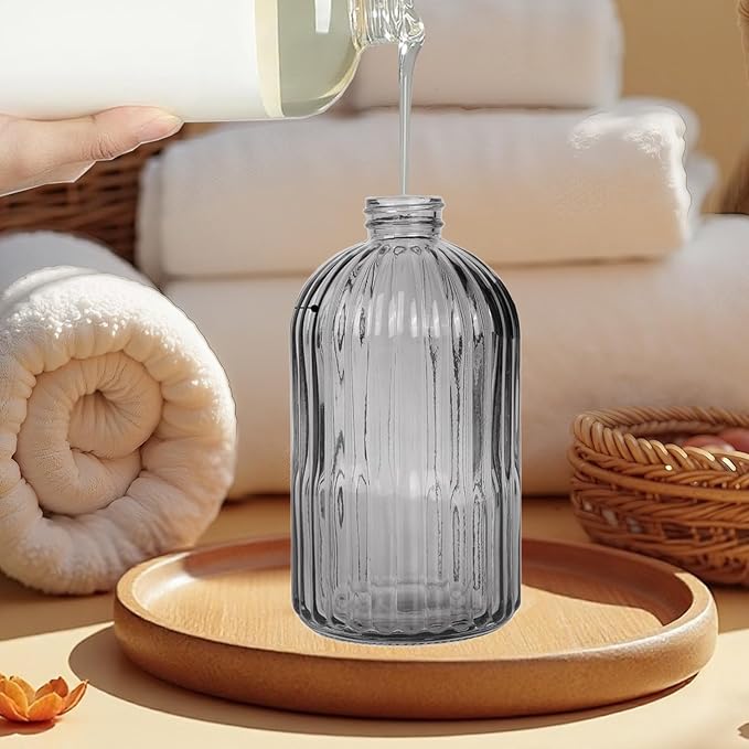 14Oz Gray Soap Dispenser Bathroom, Clear Glass Hand Soap Dispensers with Stainless Steel Pump, Refillable Dish Soap Dispenser for Kitchen, Countertop Soap Dispensers