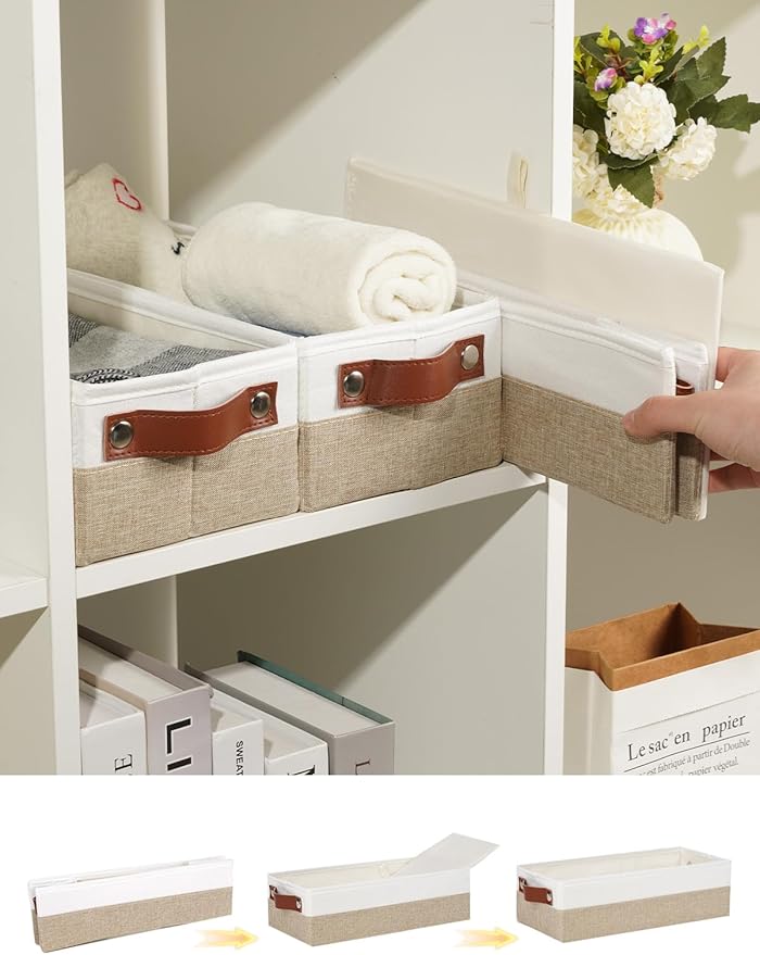 HNZIGE Toilet Paper Baskets for Storage, 13"x 5.9"x3.9" Narrow Storage Bins Baskets with Leather Handles for Organizing Closet and Shelf,Bedrooms, Living Rooms, White&Khaki-3 Pack