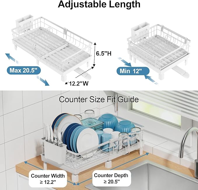 GSlife Expandable Dish Drying Rack for Kitchen Counter - Compact Rust-Resistant Dish Racks with and Cup Holder for Small Apartment, 12.2" W x 12"-20.5" L, White