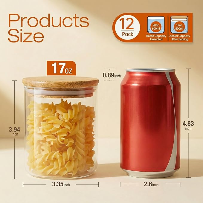 Glass Jars with Bamboo Lids 17 FL OZ [Set of 12], Glass Canisters with Airtight Lids, Glass Food Storage Containers for Spice, Coffee, Sugar, Tea, Candies, Cookies,Best for Kitchen & Pantry