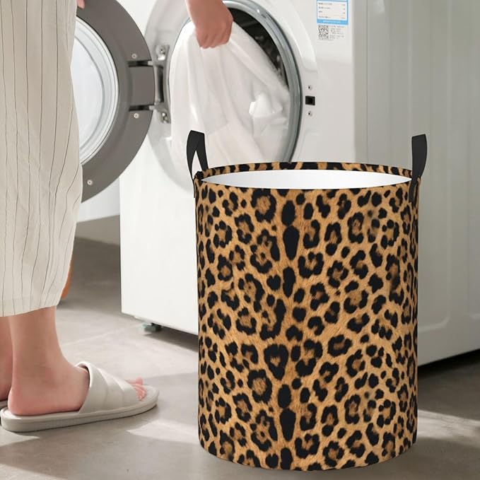 Leopard Cheetah Round Laundry Hamper Wildlife Fur Print Storage Basket Toys Clothes Organizer Bin For Home Bathroom Bedroom Dorm Nursery, 38l