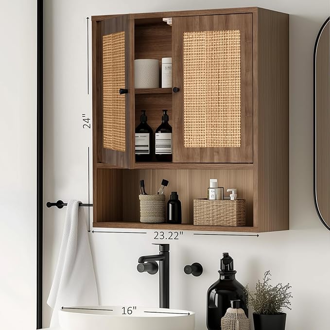 Wall Mounted Cabinet with Rattan Double Doors, 3-Tier Storage for Bathroom Over Toilet, Floating Shelf for Towels & Decor, Boho Medicine Cabinet for Kitchen, Dining Room, 23.23 x 7.68 x 24 in