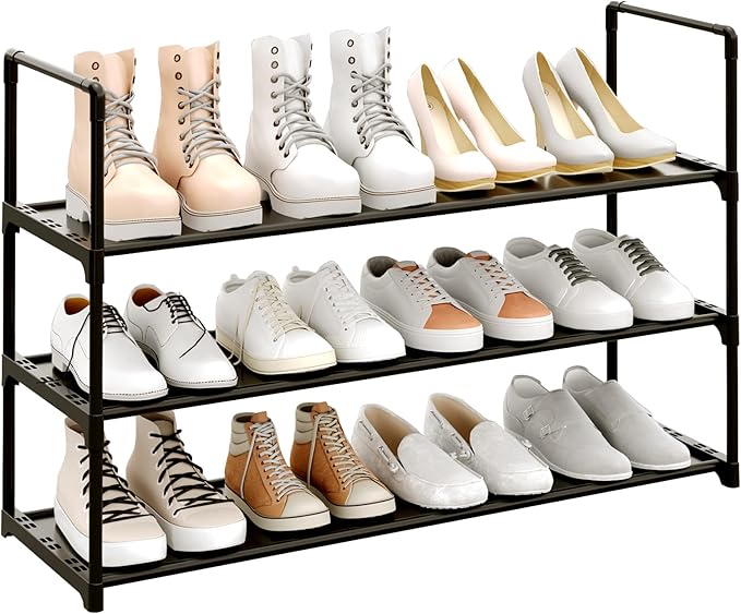 3-Tier Shoe Rack, Stores 12-15 Pairs of Shoes, Stackable & Adjustable, Space Saving Shelf Storage Organizer for Entryway, Hallway and Closet,Black