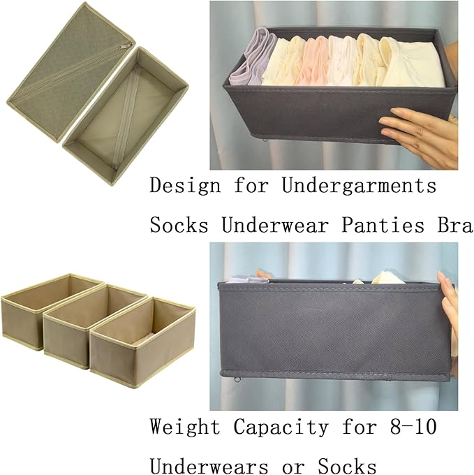 Sock Drawer Organizer 9 Pack - Collapsible Fabric Storage Bins for Underwear Divider, Small Closet Organizers with 9 Compartments, Khaki