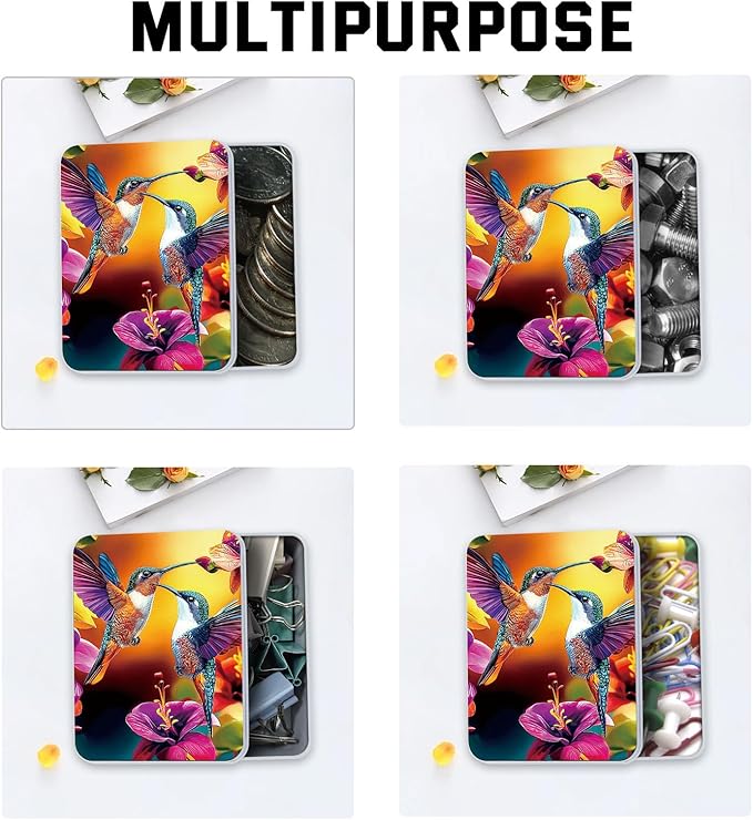 Metal Tin Box with Lid for Game Cards Home Organizer Candles Keys Crafts Storage - Equipped with 4 Magnetic Cord Clips，Hummingbirds and flowers