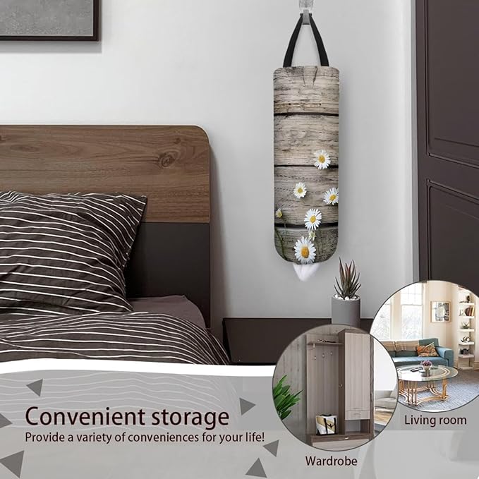 Hanging Plastic Bag Holder Dispenser Set of 2 Reusable Wall Mount Hanging Plastic Bag Storage Organizer for Grocery Bags,Rustic Wood Grain Daisy