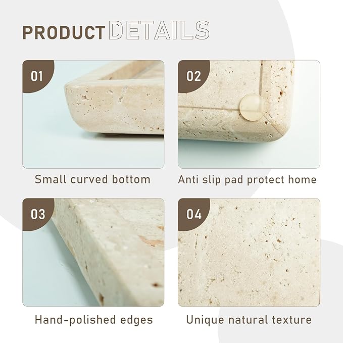 Natural Marble Travertine Vanity Tray, 12 x 6 inch Home Decor Tray for Home,Bathroom, Kitchen, Dresser, Coffee Table, Sink Storage Holder Organizer,Beige Travertine(NS015)
