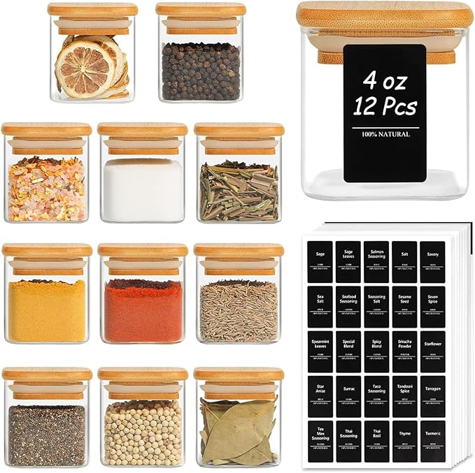 ComSaf 12Pcs Spice Jars with Labels, Glass Jar with Bamboo Lid, 4oz Airtight Square Spice Containers with Black Lables, Empty Seasoning Jars for Spice, Salt, Pepper, Sugar