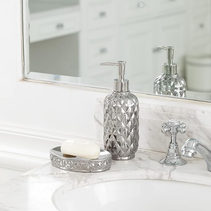 Bathroom Accessories Set, 4-Piece Ceramic Bath Accessory Complete Set with Lotion Dispenser/Soap Pump, Cotton Jar, Soap Dish and Toothbrush Holder (Pineapple Pattern, Silver Grey)