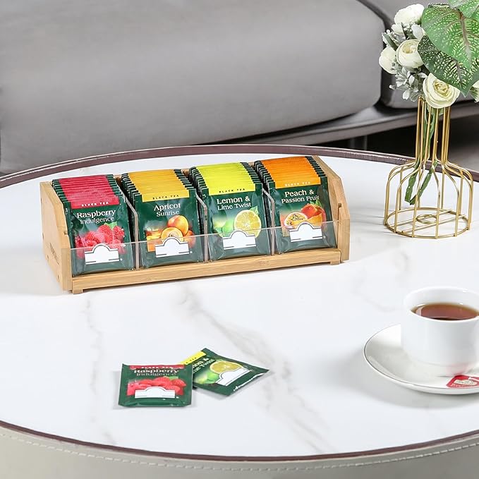 Small Bamboo Tea Bag Organizer Storage Holder for Tea Bags Wood Tea Box Containers Tea Rack Teabag Station Stand for Cabinet Countertop Office