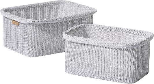 La Jolie Maison Blended Fabric Storage Baskets Set of 2, Rectangle Knitted Baskets for Organizing, Boho Decorative Baskets, Durable Finish, Grey