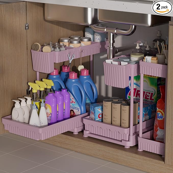 3 Pack Multi-Purpose Under Sink Organizers and Storage, 2026 L-Shaped Pull Out Cabinet Organizer for Bathroom & Kitchen, Under Cabinet Organizer with Hooks Hanging Cup (Pink, 12.85 inch)