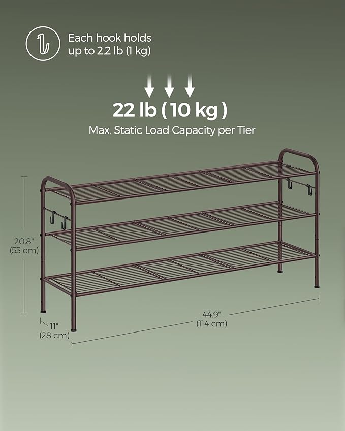 SONGMICS Shoe Rack, 3-Tier Shoe Organizer, Metal Shoe Shelf Storage with 4 Side Hooks, Holds 18 Pairs of Shoes, Height-Adjustable Shoe Rack for Entryway, Hallway, Closet, Chestnut Brown ULMR131A01