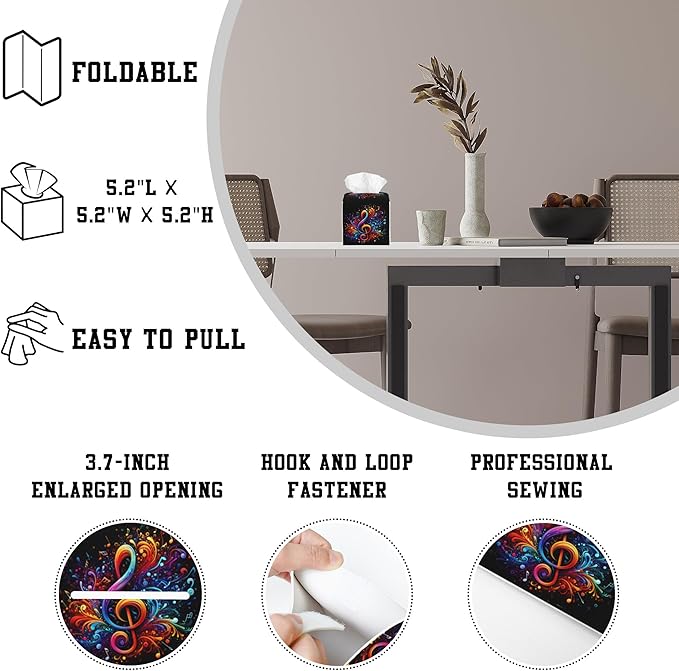 Tissue Box Holder Colorful Musical Notes Square Leather Tissue Box Cover Modern Cube Facial Paper Cover Case for Bathroom Vanity Countertop Night Stands Tabletop