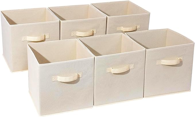 Basics Fabric Clothing Storage Bins - 10.6" x 10.6" x 11" - Collapsible Storage Cubes Organizer with Handles, Linen Foldable Storage Baskets Cloth Box Containers, Closet Organizers 6PC Beige