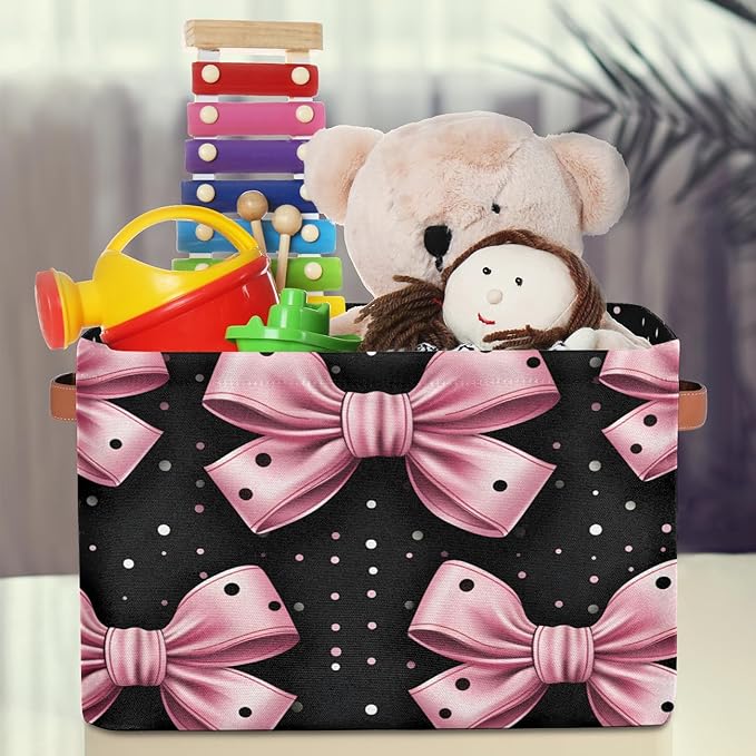 Storage Bins for Organization, Pink Bows Canvas Book Storage Bins with Handles, Bedroom Shelves Decorative Baskets for Organizing, Fabric Cube Bin Classroom Dorm Closet Organizer Box