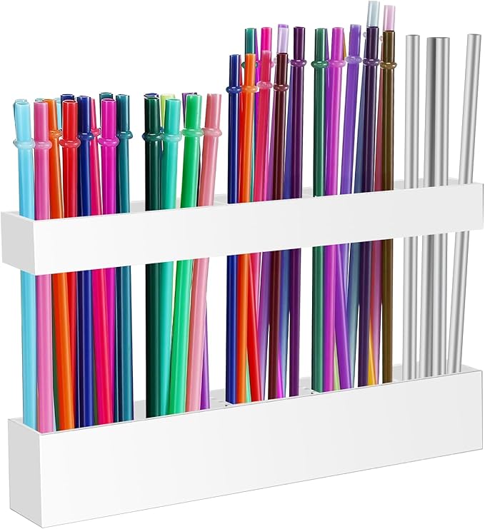 9.5â Large Acrylic Straw Holder for Cabinet Door - Reusable Tumbler Straw Organizer Storage, Small Kitchen Accessories Container, Ultra Sticky Cupboard Door Mounted (White)