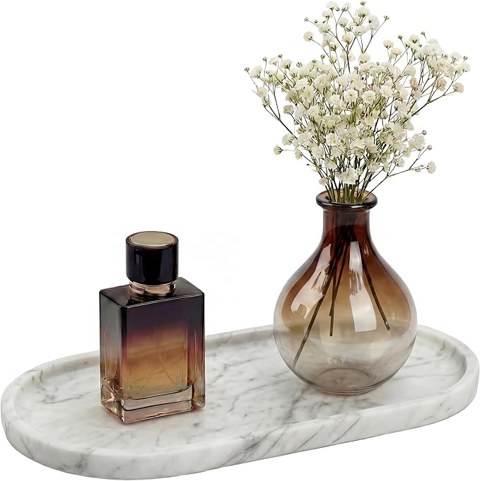 YKAJO 11.6" x 5.9" Oval Real Marble Tray for Bathroom & Kitchen Counter â 100% Natural Stone Decorative Vanity Tray for Dresser & Perfume â Heavy Catchall Organizer for Soap & Jewelry, White Gray