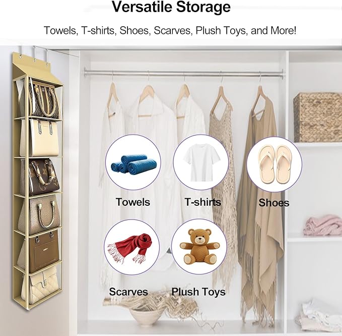Lirex Over The Door Purse Organizer & Purse Shelf for Closet – Handbag Storage Organizer with Purse Hanger. Perfect for Scarves, Hats, and Leggings. S (11.8'' x 5'' x 51.6''), Khaki