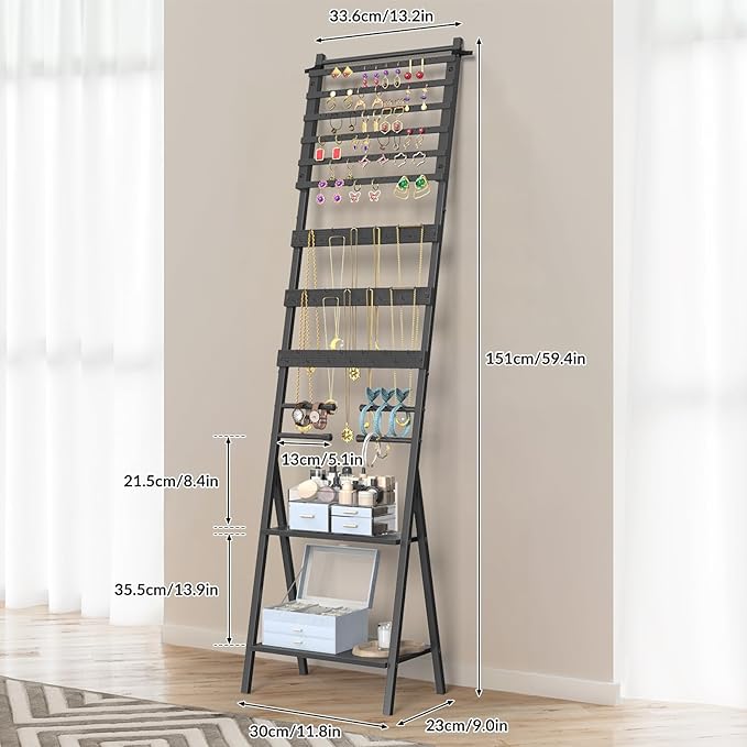 Jewelry Organizer Stand Floor Jewelry Holder Stand with Necklace Holder Earring Floor Stand, Tall Jewelry Armoire for Watches, Rings, Bangle, 54 Holes Metal Earring Rack, Black