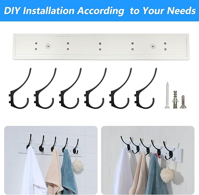 HOME MASTER HARDWARE Coat Rack Wall Mount White,MDF Wall Mounted Coat Hooks for Hanging Coats, 27" Hat Rack for Wall with 5 Black Hooks