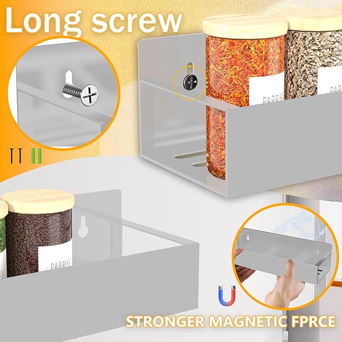 Magnetic Spice Rack Organizer for Fridge Seasoning Organizer for Kitchen storage with Screw Magnetic Shelf with Hook for Refrigerator and Oven (6pack-Grey)