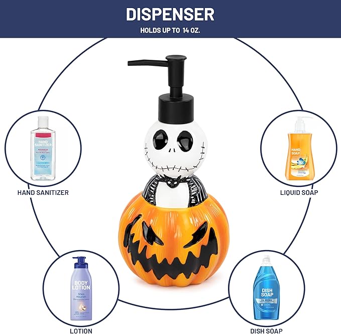Disney Nightmare Before Christmas Soap Dispenser - Jack Skellington and Pumpkin Resin Lotion Pump - Bathroom Décor