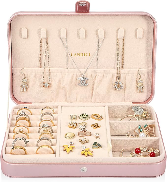 LANDICI Small Jewelry Box for Women Girls, PU Leather Travel Jewelry Case, Portable Jewelry Organizer Storage Holder Display for Ring Earrings Necklace Bracelet Women Kids Gift, Rose Gold (Pack of 2)