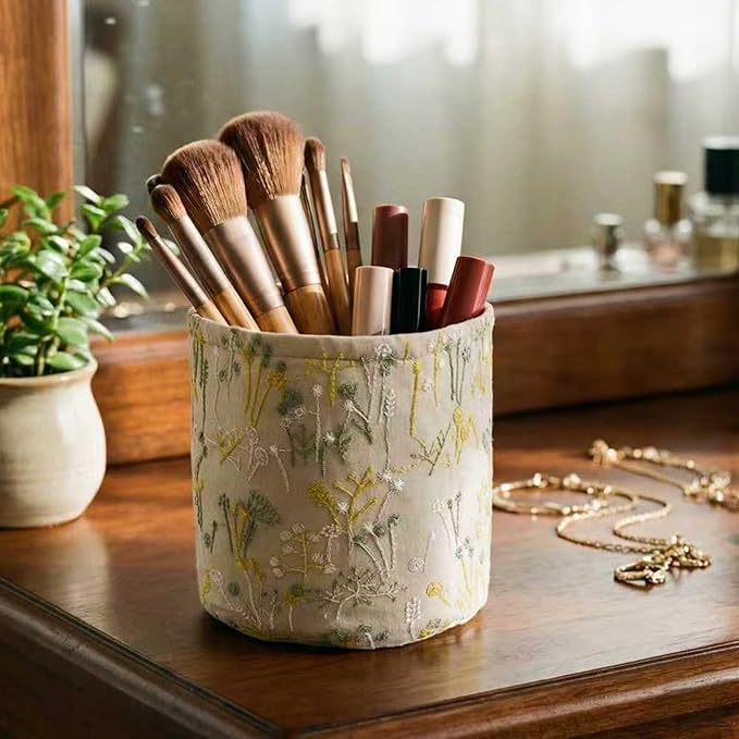 HAUSFRAU Storage Baskets Bins Makeup Organizer, Decorative Round Keys Basket for Desk, Shelves, Tabletop, Gift for mom, wife, girlfriend, 6" Embroidered Jacquard Box Cream