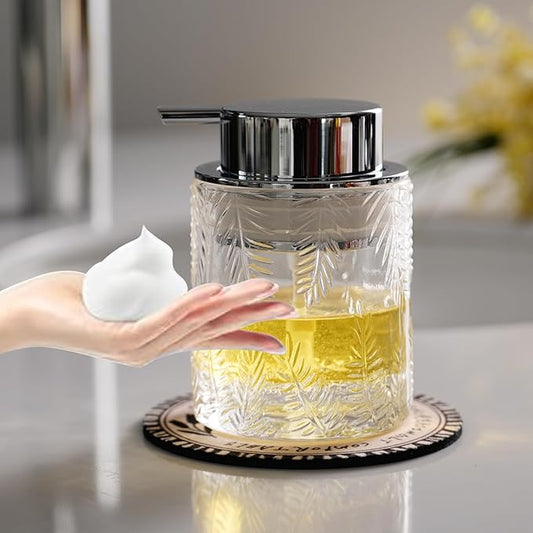 Foaming Hand Soap Dispenser - Glass Foam or Lotion Dispenser for Kitchen & Bathroom, Refillable with Large Silver Pump (Leaf Pattern-Clear)