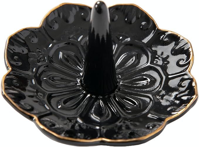 HOMEGOAL Ceramic Ring Holder Dish for Jewelry, Decorative Mandala Jewelry Tray for Rings Earrings Necklaces Watch Keys, Aesthetic Room Decor, Birthday Engagement Wedding Gifts for Women (Black)