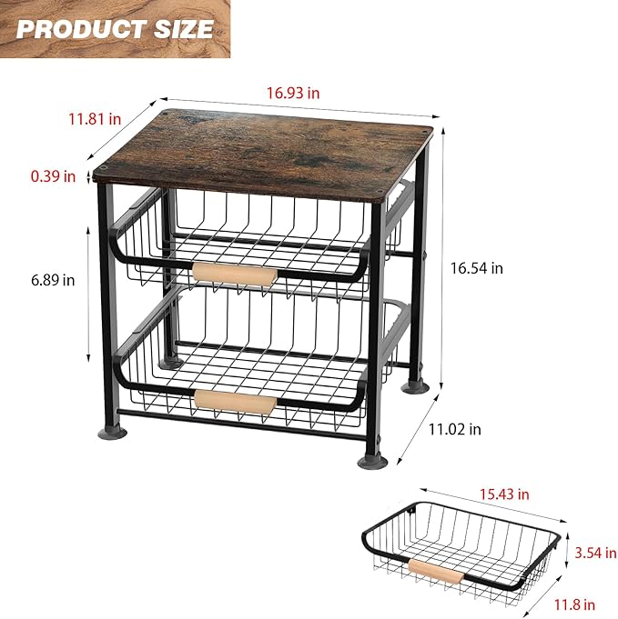 3-Layer Fruit Basket Kitchen Food Organizer and Rack Rolling Pantry Kitchen Cart On Wheels with Wood Top Table,Pull-Out Hollow Metal Basket for Sorting Spice Snacks Vegetables,Black