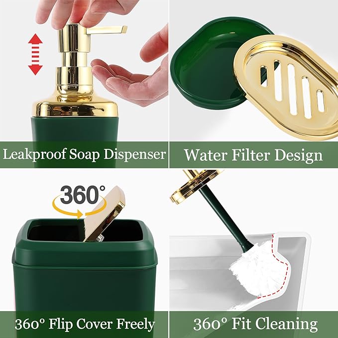 Bathroom Set - Dark Green and Gold Bathroom Accessories Set, Bathroom Sets with Shower Curtain and Rugs, Green Shower Curtain Set with Bathroom Trash Can, Soap Dispenser, Soap Dish for Home