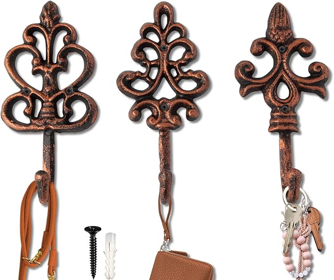 Comfify Shabby Chic Decorative Wall Hooks - Set of 3 - Cast Iron French Country Wall Decor - Farmhouse Hangers for Coats, Purses and More - Copper with Black