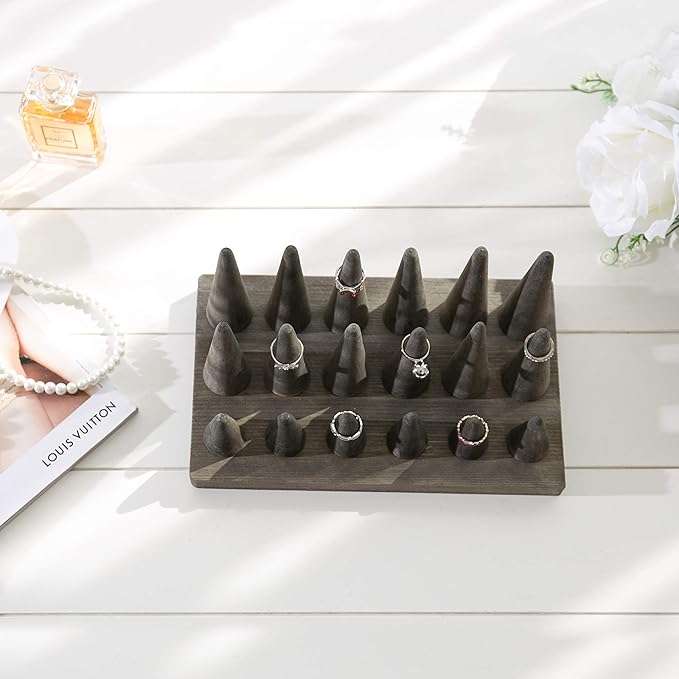 MyGift Vintage Gray Weathered Solid Wood Cone Shaped Ring Holder Tower, Wooden Jewelry Organizer Stand for Home Table or Retail Counter Display Tray, Holds 18 Rings