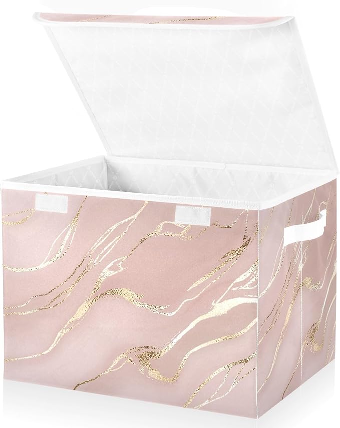 senya Storage Baskets Collapsible Storage Bins with Lids, Rose Gold Pink Marble Boxes Clothes Baskets for Organizing