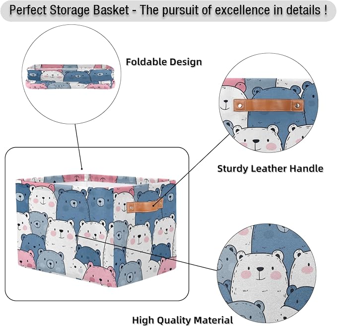 Cute Storage Bins for Organization, Canvas Book Storage Bins Handles, Bedroom Shelves Decorative Baskets for Organizing, Fabric Cube Bin Classroom Dorm Closet Organizer Box (Cute Bear)